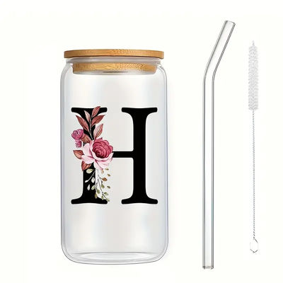 Buy Exquisite Customized Logo 16oz Sublimation Glass Water Bottle Clear Floral Letters Coke Can Glass Cups With Bamboo Lid And Straw 8*15cm online manufacture