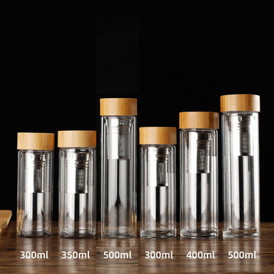 Buy Custom Logo Leak Proof Double Wall Tea Infuser Bottle Double Insulated Glass Water Bottle With Bamboo Lid 350ml/400ml/450ml Reusable Eco Friendly online manufacture