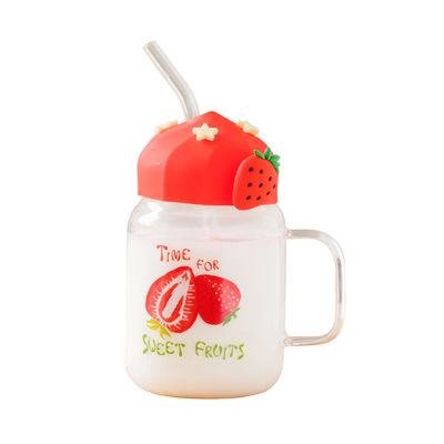Buy Summer Transparent Fruit High-temperature Glass Cup Cute Large-capacity Covered Straw Student Girls' Milk Breakfast Cup online manufacture