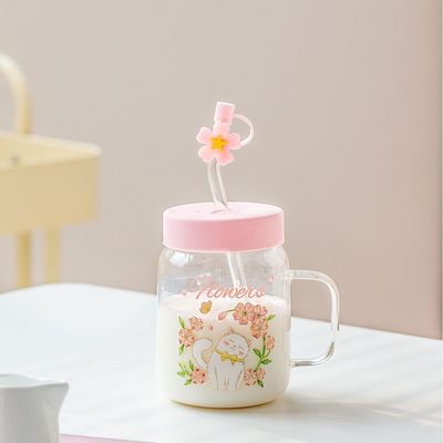Buy Charming Glass Mugs White Cat  Flower Illustrations In Pink Blue Themes online manufacture