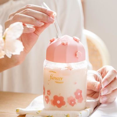 Buy High Appearance Level Cherry Blossom Glass Cup With Straw Silicone Lid Cute Flower Girl Drinking Cup online manufacture