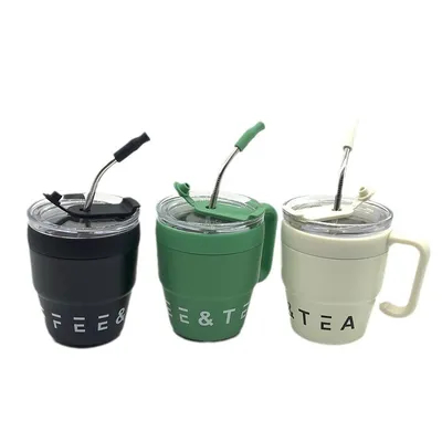 Buy Coffee Cup With Handle And Straw Lid 480ML Travel Mug Water Cup Milk Mug Stainless Steel Material Suitable For Drinks Handle Straw Cup online manufacture