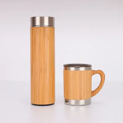 Buy 500ml Custom Logo Bamboo Fiber Wooden Drinking Bottle With Filter Cup Vacuum Flasks Water Bottle With Bamboo Lid Tea Infuser online manufacture