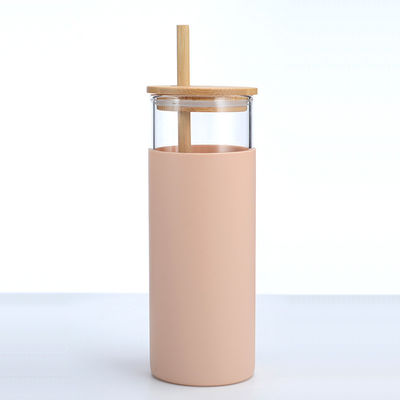 Customization 16 Oz Glass Beverage Bottles Glass Coffee Cups With Bamboo Lids  Bamboo Straw Silicone Sleeve Leak Proof Splash Proof Design