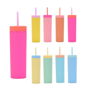 Skinny Tumblers With Lids And Straws 6 Pack 16oz Matte Pastel Colored Skinny Acrylic Double Wall Plastic Tall Skinny Tumblers Bulk For Cold Hot Drinks