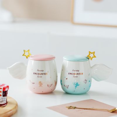Angel Wings Romantic Cupid Couple Cup Gradient Ceramic Cartoon mug with lid spoon for men and women flower tea cup