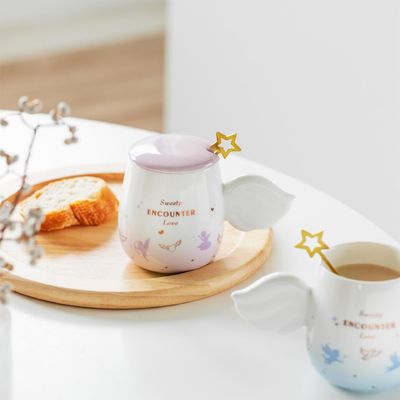 Enchanting Ceramic Mug with Angel-Wing Handles amp Golden Star Stirrer Adorned with Soft Pink amp Light Blue Gradients