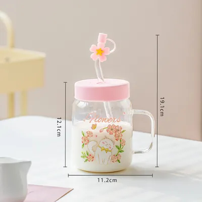 Relief Transparent Cat High-temperature Glass Cup Cute Large-capacity Covered Straw Student Girls' Milk Breakfast Cup Office