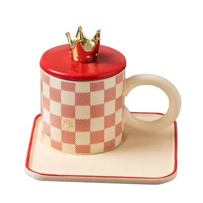 Elegant Ceramic Mugs With Golden Crown Accents Vibrant Checkered Patterns Red White For Luxurious Coffee  Tea Rituals