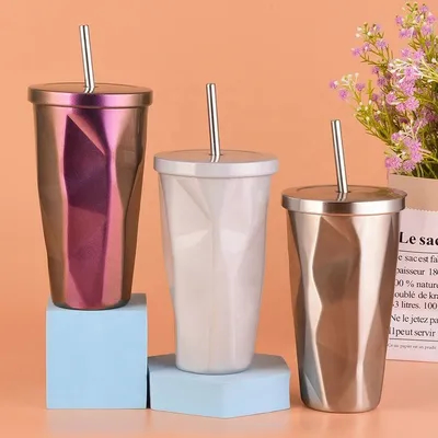 Fashionable Design 480ml Personalized Stainless Steel Mug With Straw Country Style Gradient Irregular Stainless Steel Tea Mug For Traveling