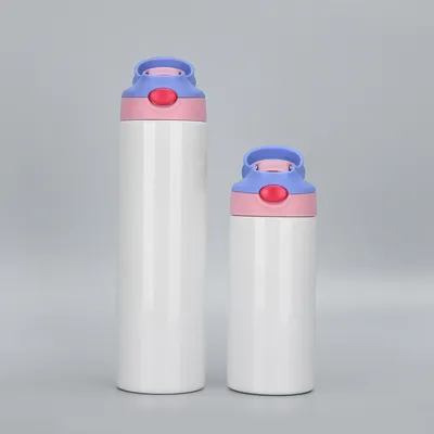 12oz Kids Skinny Tumbler Stainless Steel Sublimation Blank Tumbler With One Click Pop Up Straw And Handle Sublimation Cups For Drinks Rubber Bottoms And Shrink Films DIY Gift