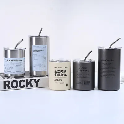 Tumbler Stainless Steel Coffee Cup Insulation With Lid And Straw American Style Portable Outside With Accompanying Straw Sealed Water Cups Double Wall Travel Flask
