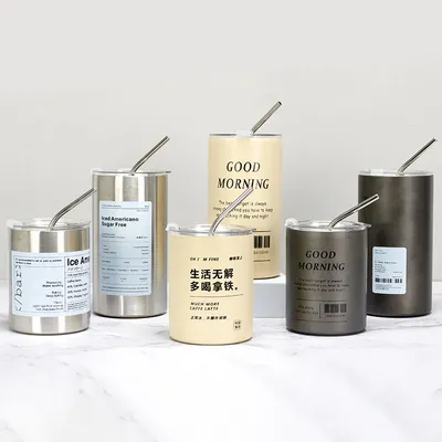 12oz Straight Mugs Ice Coffee Tumbler Stainless Steel Thermos Insulated Coffee Tea Mug Beer Drinking Cup With Straw Lid