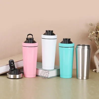 Portable Stainless Steel Shaker Double Section Metal Protein Shaker Bottle With Scale For Gym