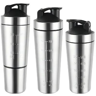 500/750ML Easy To Carry Silver Custom Stainless Steel Protein Shaker Bottle Stainless Steel Gym Shaker With Mixing Ball BPA Free Wide Mouth