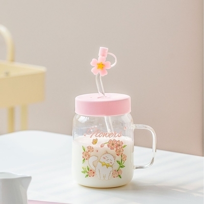 Charming Glass Mugs White Cat  Flower Illustrations In Pink Blue Themes