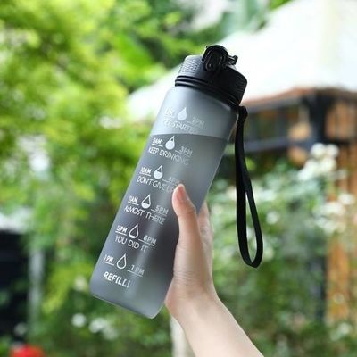 Leak Proof BPA Free Motivational Sports Water Bottle With Time Marker 32 Oz Sports Bottle With Straw & Carrying Strap Perfect Size Easy To Carry