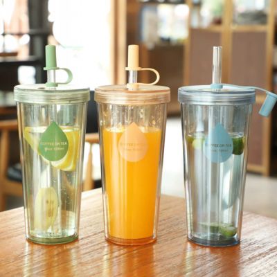 Simple Double-layer Large Capacity Plastic Straw Cup Creative Student Transparent Milk And Juice Water Bottle