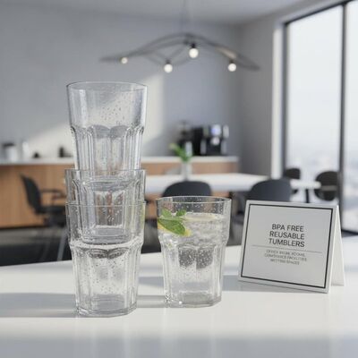 BPA free plastic tumbler reusable practical option great for office break rooms conference facilities and meeting spaces
